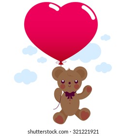 Teddy bear holding a red heart shaped balloon in the sky. Vector illustration