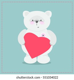 Teddy bear holding a red heart. Gift card on the day of St. Valentine, Mother's Day. Vector cartoon isolated
