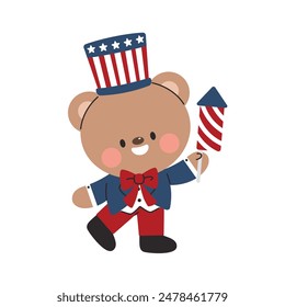 Teddy bear holding rocket confetti popper, Independence Day celebration. Flat cartoon style vector illustration isolated on white background