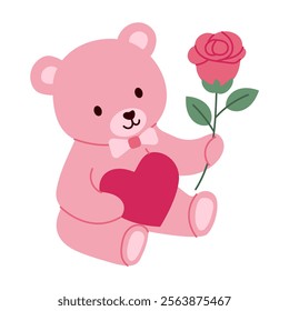 A teddy bear holding a rose in its mouth. The bear is pink and has a bow around its neck. The rose is red and has green leaves. Concept of love and affection