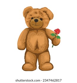 Teddy bear holding a rose , vector illustration for t-shirt design, greeting, sticker, print, apparel. isolated white background.