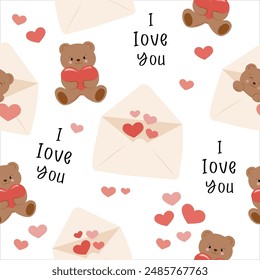 teddy bear holds heart , hearts in envelope  and text i love you seamless pattern , vector illustration  