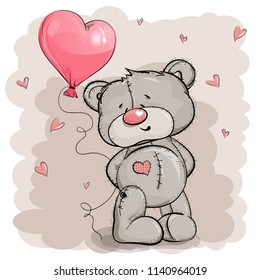 A Teddy bear holds one balloon. A balloon in the shape of a heart. Background pink