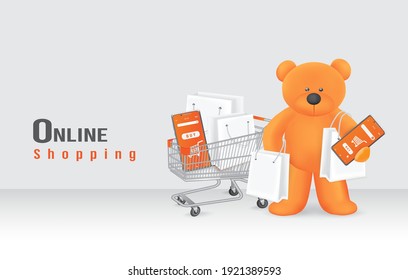 A Teddy Bear Holds A Smartphone And A Shopping Bag And Has Items In The Cart For Shopping Online Concept Design,vector 3d On White Background 