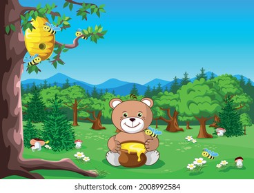 A teddy bear with a honey pot sits under a tree with a beehive. Fairy tale vector illustration of a teddy bear in the forest.