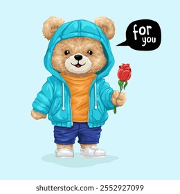 Oso de peluche en sudadera con capucha que sostiene la rosa con el texto "Para usted", Ilustración vectorial