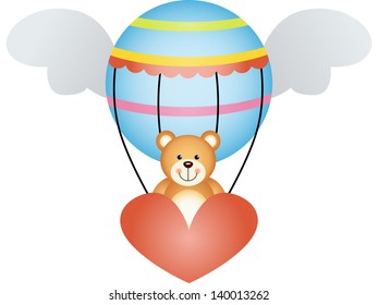 Teddy bear in a hot air balloon with angel wings