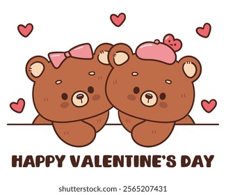 Teddy bear hug card valentine animals lovely couple (Cute cartoon). Series: kawaii sticker whimsical characters. Perfect for romantic wedding vector Flat clipart banner t shirt design and background.