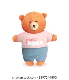 Teddy bear hugging cute soft baby kids image for t shirt or card. Soft brown teddy toy graphic print for apparel or gift card vector design, fashionable kids cartoon.