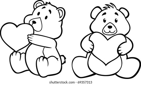 teddy bear hugging heart, black and white version