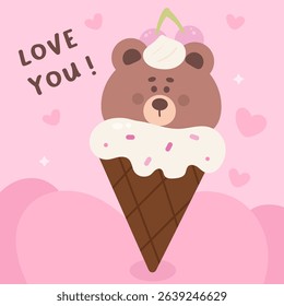 Teddy bear in Ice cream cone World Chocolate Day kawaii animals. Whimsical character.