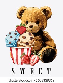 Teddy Bear with Ice Cream and Strawberries Vector Illustration.