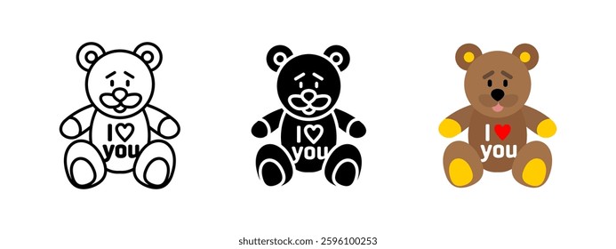 Teddy bear icon. Plush toy with I love you text vector illustration. Romantic gift symbol. Cute and cuddly stuffed bear pictogram. Valentines Day and affectionate present concept.