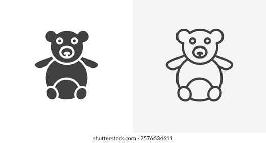 Teddy bear icon set in black flat solid and outlined style.