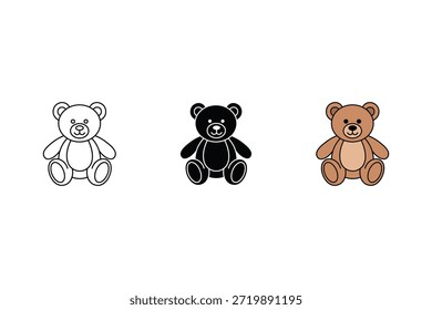 Conjunto de iconos de oso de peluche en contorno, color sólido negro y marrón para niños y Ilustración vectorial de San Valentín