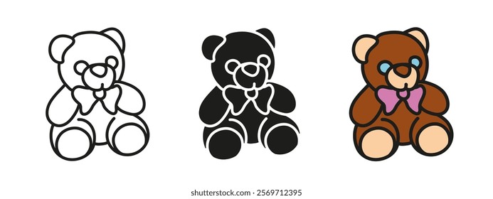 Teddy bear icon. Sitting Teddy bear vector illustration. Cute fluffy animal toy symbol. Valentine gift sign. Children plush toy pictogram. Soft adorable teddy bear toy brown concept.