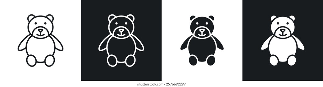 Teddy bear icons collection in black and white solid and line style