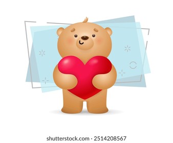 Ilustración del oso de peluche. Lindo oso, juguete, corazón rojo. Concepto del día de San Valentín. La Ilustración vectorial se puede utilizar para temas como regalo, amor, romance