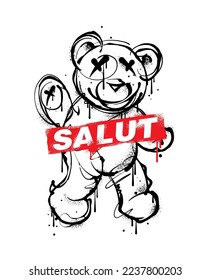 teddy bear illustration in graffiti style features a playful and cheeky depiction of the beloved childhood toy. The bear is depicted with bold, thick lines giving it a dynamic feel. Salut means hello