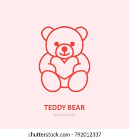 Teddy bear illustration. Plush flat line icon, toy store logo. Valentines day present sign.