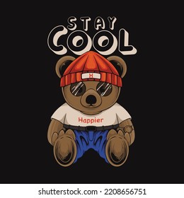 teddy bear illustration sitting stay cool in hand drawn style