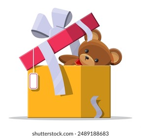 Teddy bear inside gift box. Bear plush toy. Teddybear icon. Christmas or new year gift. Children donation. Vector illustration in flat style