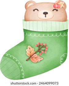 A teddy bear is inside a green sock.