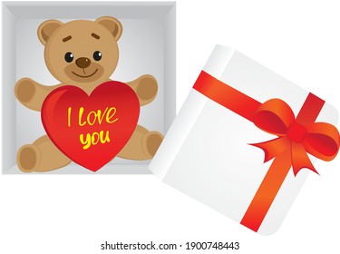 Teddy Bear inside of open gift box with red heart I love you