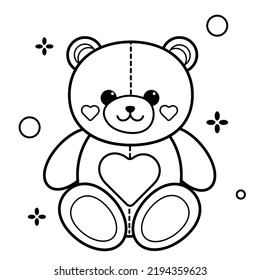 Oso de peluche aislado de fondo blanco. Página del vector blanco negro para niños. 
Oso lindo, dibujo para niños, adorable icono de osito de peluche ilustración plana.