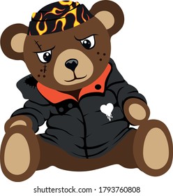 Teddy bear with jacket and scarf on head isolated white background, Vector
