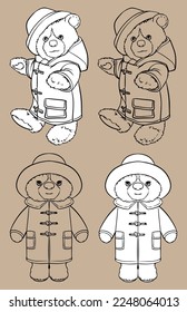 Teddy bear in a jacket. Vector black and white isolated drawing. Valentine's Day. For coloring books and pages.