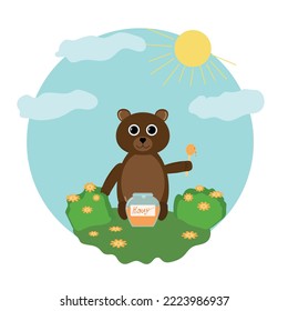 Oso de peluche con un frasco de miel. Ilustraciones vectoriales para el fondo, calendario, tarjeta de saludo, tarjeta de invitación al partido, banner del sitio web, banner de medios sociales y material de marketing.