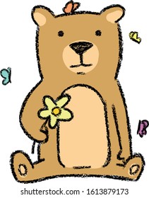 teddy bear kawaii illustration with a flower and fluttering butterflies.hand drawn crayon design,vector isolated 