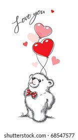 Teddy bear keeps the balloons in the form of hearts on a white background. Hand drawn illustration, vector.