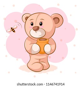 Teddy bear with a keg of honey. Vector eps 10