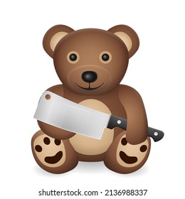 Teddy bear with kitchen cleaver on a white background. Vector illustration.