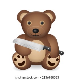 Oso de peluche con cuchillo de cocina sobre fondo blanco. Ilustración vectorial.