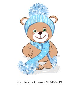 Teddy bear in a knitted hat with scarf. Colored Vector illustration.