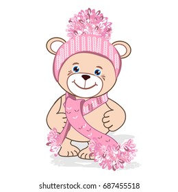 Teddy bear in a knitted hat with scarf. Colored Vector illustration.