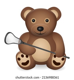 Teddy Bear With Lacrosse Stick On A White Background. Vector Illustration.