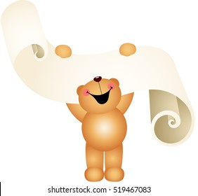 Teddy bear laughing with wish list on a parchment
