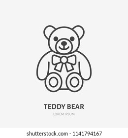 Teddy bear line icon, baby soft toy flat logo. Cute plush animal vector illustration. Sign for kids shop.