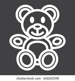 Teddy bear line icon, plush toy and baby, vector graphics, a linear pattern on a black background, eps 10.