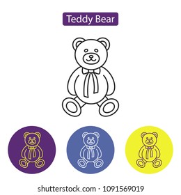Teddy bear line icon vector illustration. Outline plush soft toys for sleeping in colorful circles editable stroke. Flat style design. Isolated on white background