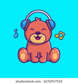 Ilustración del icono del vector de música Teddy Bear Listening. Caricatura de caricatura de mascota del oso. El Concepto De Ícono Animal Es Blanco Aislado. Estilo de caricatura plano adecuado para Web Landing Page, banner, volante, adhesivo, tarjeta