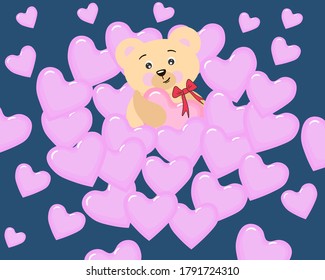 
Teddy bear littered with hearts.
Vector illustration on blue background.
