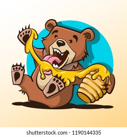 Teddy bear. Little bear eats honey from hive. Vector cartoon illustration, print, sticker, poster for printing