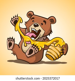 Teddy bear. Little bear eats honey from hive. Vector cartoon illustration, print, sticker, poster for printing