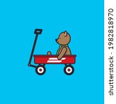 Teddy bear in little red wagon vector illustration. Children's toys symbol.
