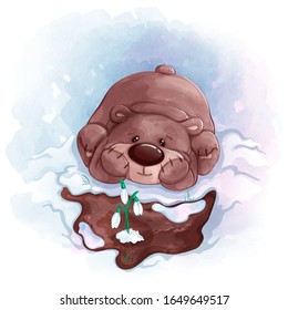 Oso de peluche mira las nevadas que florecieron en primavera. Caricatura vectorial con textura de color de agua y fondo.